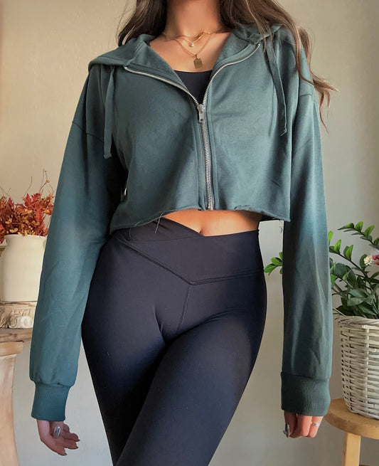 You're Not Basic Crop Zip Up- Forest
